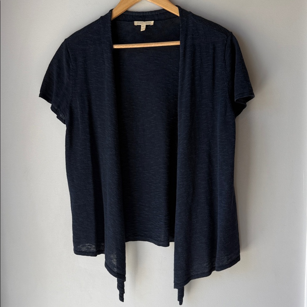 Eileen Fisher Navy Linen Cotton Short Sleeve Open Cardigan - Picture 2 of 7